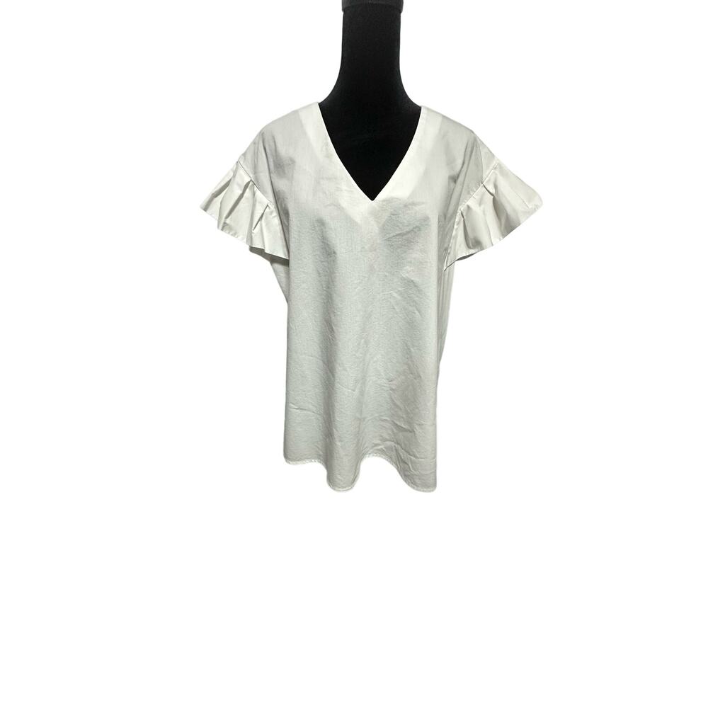 Worthington Women's White V-Neck Blouse Flutter Sleeve Size L Workwear Basic